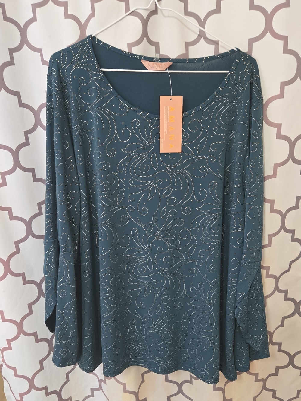 Amiana Teal Long-Sleeve Scoop Neck Top with Subtle Swirl Dot Print